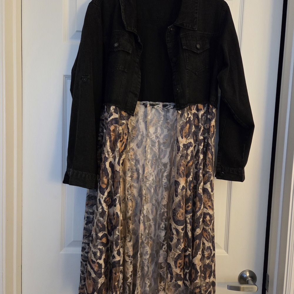 Black Denim Jacket with Animal Print Skirt
